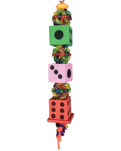 Colorful Tumbling Dice Bird Toy with plastic beads, fun shapes, wibbly balls, and a foam die on a sturdy poly rope.
