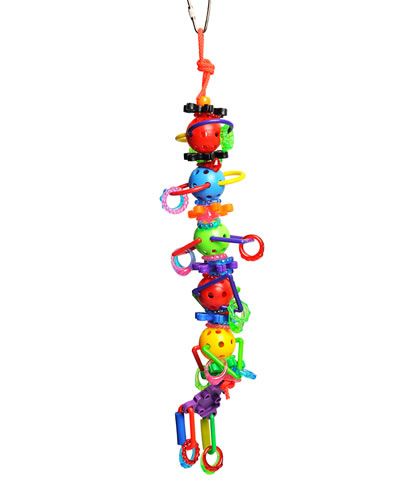 Colorful bird toy with plastic balls, beads, shapes, pacifiers, and rings on a poly rope, perfect for engaging parrots.