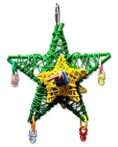 Colorful Lg Vine Star bird toy with vibrant beads, acrylic pacifiers, and woven vine stars, perfect for small birds.