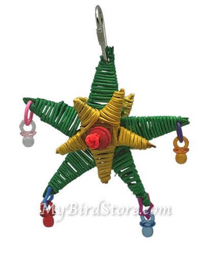 Colorful vine star bird toy with wooden beads, acrylic pacifiers, and woven stars, perfect for small parrots to play with.