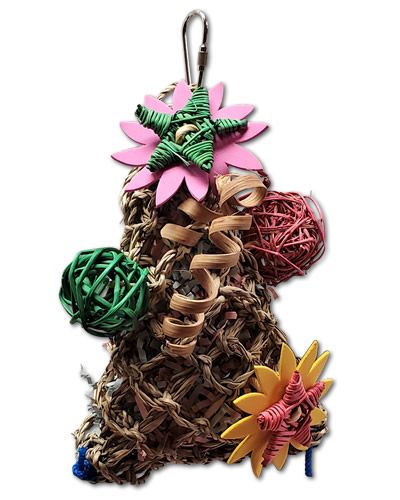 Festive seagrass holiday tree toy for birds, adorned with vine shapes, vibrant flowers, and crinkle paper stuffing.