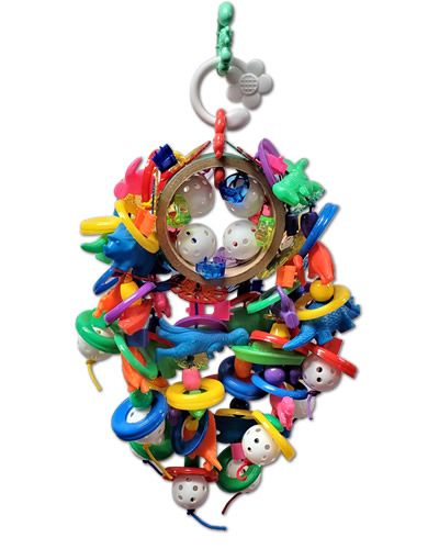 Vibrant large plastic cluster bird toy with colorful animals, discs, balls, and beads strung on poly rope for endless fun.