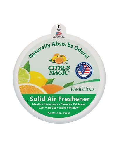 Bright 8oz Citrus Magi Solid Air Freshener in vibrant packaging, promising a fresh citrus scent to eliminate odors.