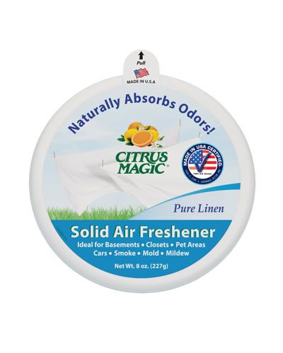 Refreshing Citrus Magic 8oz Pure Linen Solid Air Freshener, emanating a light, clean citrus scent in a compact design.