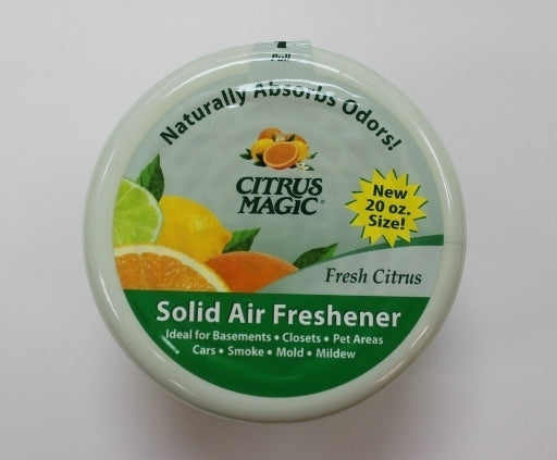 Bright yellow 20oz Citrus Magic Solid Air Freshener, exuding a fresh citrus scent for long-lasting odor control.