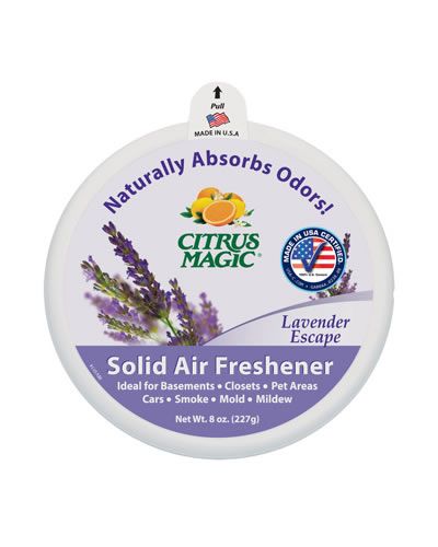 Lavender Escape 8oz solid air freshener in sleek packaging, offering a calming, clean scent for lasting odor control.
