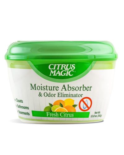 Citrus Magic Moisture Absorber and Odor Eliminator in a compact container, designed to freshen air and combat humidity.