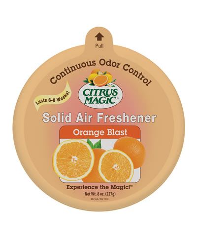 Vibrant 8oz Orange Blast Solid Air Freshener in bright packaging, promising a burst of citrus freshness for any space.