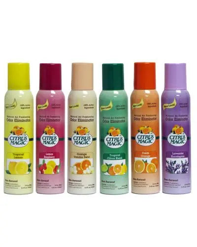 Refreshing 3oz Citrus Magic Air Freshener Spray in a sleek bottle, bursting with vibrant citrus scents to eliminate odors.