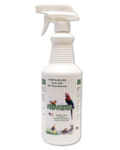 See the Poop-D-Zolver 32oz by A&E Cage Company, a natural bird poop remover in a clear spray bottle for easy cleaning.
