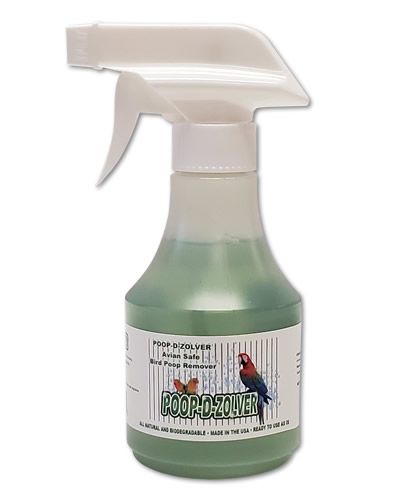 Bottle of Poop-D-Zolver 8oz by A&E Cage Company, a natural bird poop remover with enzyme-based cleaning power.