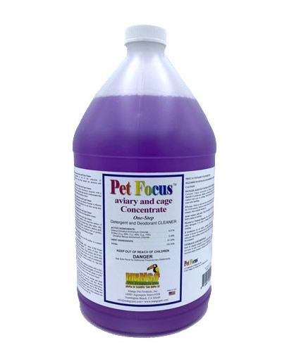 One gallon jug of Pet Focus Concentrate, a powerful aviary and cage cleaner, designed to break down bird mess effortlessly.