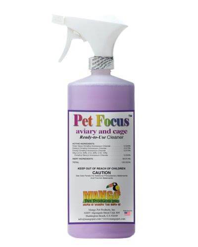 Vibrant 32oz bottle of Pet Focus Spray, a ready-to-use aviary and cage cleaner, designed to effortlessly remove bird mess.