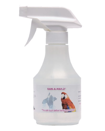 Close-up of an 8oz bottle of San-A-Hand sanitizer by A&E Cage Company, designed to protect birds before handling.