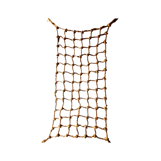 Vibrant natural fiber bird climbing net, resembling a jungle canopy, sized 3' x 3' with 5" spaces for medium parrots.