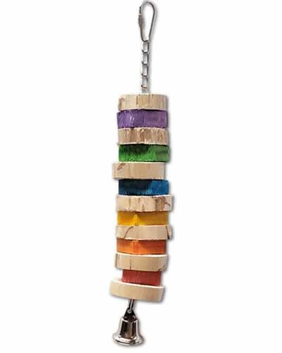 Vibrant Cheetah Jungle Toy with balsa wood chunks, colorful soft wood pieces, a hanging chain, and a shiny bell at the bottom.