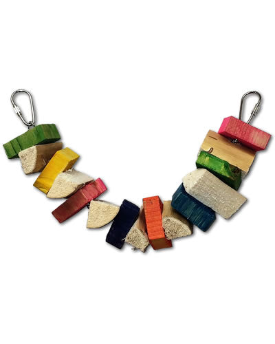 Vibrant Millipede bird toy from Jungle Toys, featuring colorful wooden blocks and yucca slices on a dangling chain.