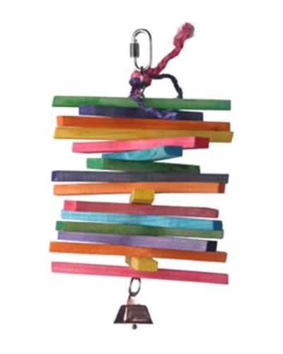 Vibrant Zebra Jungle Toy for birds, showcasing colorful wood slats on a sturdy metal chain, perfect for play and pecking.