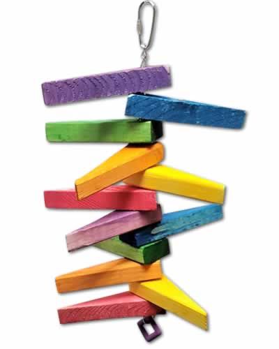 Colorful Tiger Tail Jr Jungle Toy with wooden triangle slices and a sturdy chain, perfect for medium-sized birds to play.