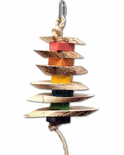 Vibrant Side Winder Jungle Toy for birds, featuring yucca wood pieces and colorful blocks on a sturdy sisal rope.