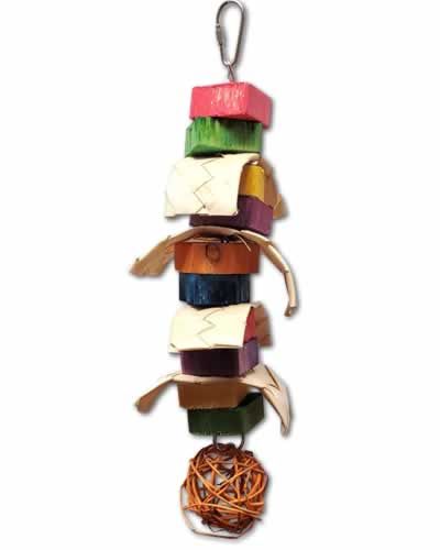 Vibrant Tiki Jungle Toy for birds, featuring colorful wooden squares, shreddable strips, and a large munch ball on top.