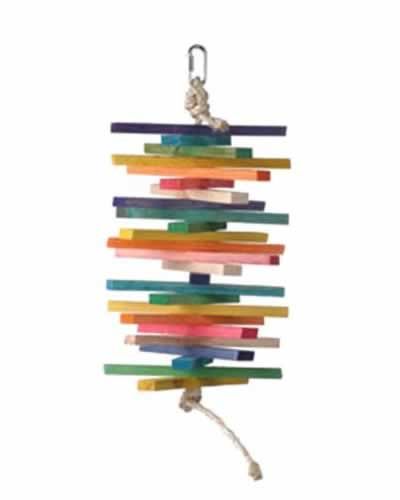 Vibrant Peacock Jungle Toy with colorful wooden pieces on a sturdy sisal rope, perfect for medium to large birds to play with.