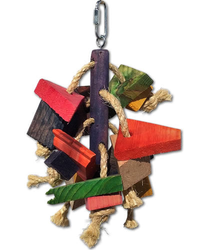 Vibrant orangutan bird toy with colorful wood blocks and sisal rope, perfect for medium birds to chew and play for hours.