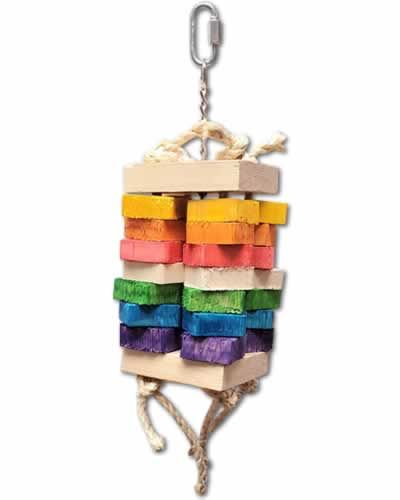 Vibrant Lion Jungle Toy for birds, featuring colorful wood blocks tied with sisal rope and hung by a sturdy chain.