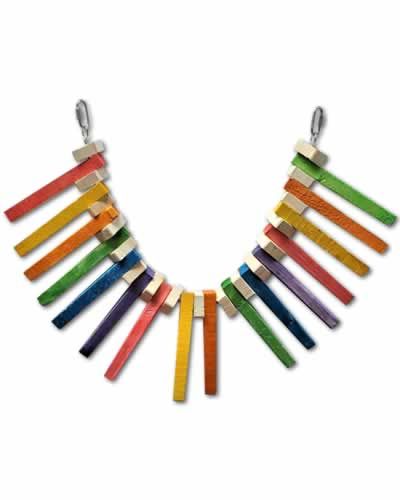 Vibrant Super Tiger Tail bird toy with colorful wooden triangles dangling from a sturdy chain, perfect for medium birds.