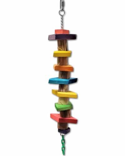 Vibrant Python Jungle Toy for birds, showcasing 20" of chewable yucca slices and colorful wood blocks, sized 24" by 7".