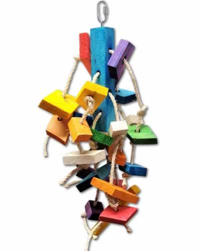 Colorful Ape Jr Jungle Toy featuring a stack of chewable wood blocks bound by sturdy sisal rope, ideal for medium to large birds.