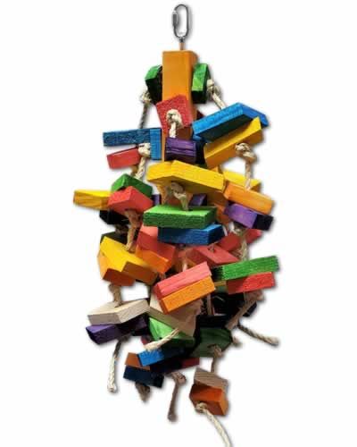 Vibrant Ape Jungle Toy for birds, featuring a colorful stack of wood blocks bound by sturdy sisal rope, ideal for chewing.