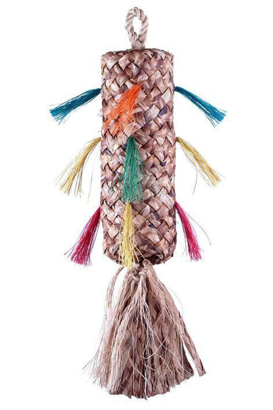 Vibrant natural fiber pinata toy for birds, tightly woven with extra cut fibers for shredding and preening fun, sized 10" x 2.5".