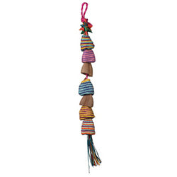 Colorful Lg Bijoux Pili Bells toy for small birds, featuring chewable bell shapes, nut shells, a palm leaf star, and a natural fiber tassel.