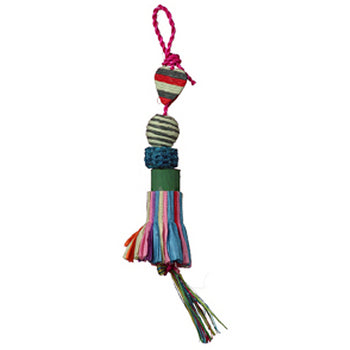 Colorful Lg Bijoux Hula Dance toy for small birds, featuring palm leaf fibers, a heart, ball, corn cob slice, and a playful skirt.