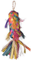 Colorful Mini Pinata-Planet Pleasures toy for small birds, featuring hand-woven palm leaves and natural fibers inside.