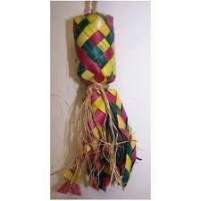 Colorful woven bird toy with natural fibers and hanging strands, ideal for small birds to play and preen.