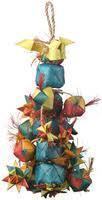 Vibrant Lg Bird Tower by Planet Pleasures, featuring woven balls, colorful shapes, and chewable 4-inch strands for large birds.