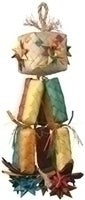 Vibrant Lg Firecracker-Planet Pleasures bird toy with a woven square top, dangling stuffed rolls, and chewable strands.
