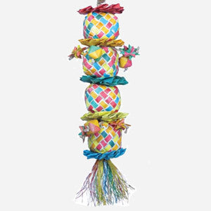 Vibrant Lg Flower Tower toy by Planet Pleasures, featuring colorful mini pinata blocks and shreddable palm leaf flowers for birds.