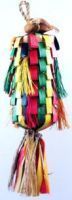 Vibrant Med Straight Rainbow Pinata by Planet Pleasures, featuring colorful, woven palm leaves and a sisal rope loop for hanging, perfect for medium birds to chew and shred.