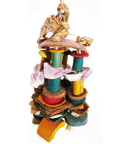 Vibrant bird toy featuring a textured mix of coconut husks, sisal rope, bamboo, and shells, perfect for medium birds.
