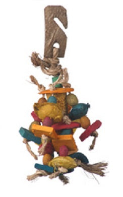 Vibrant bird toy with corn cobs, wooden pods, and palm accents, designed as a chewable delight for medium-sized birds.