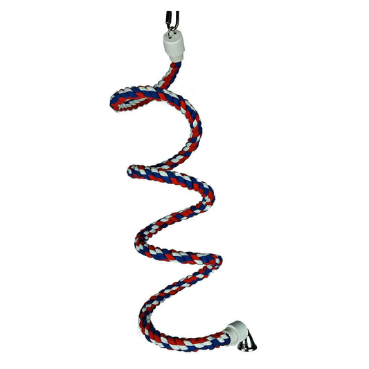 Colorful small cotton rope boing for birds, featuring a liberty bell at the bottom and designed for playful exercise.