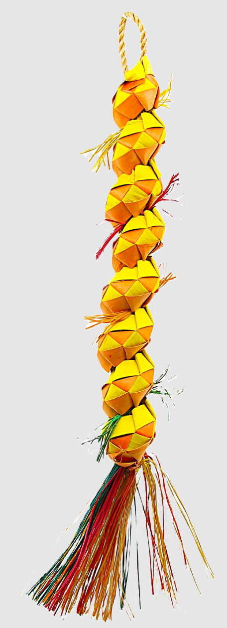 Vibrant Lg Caterpillar-Planet Pleasures toy, crafted from palm leaf, designed for medium to large birds to shred and enjoy.