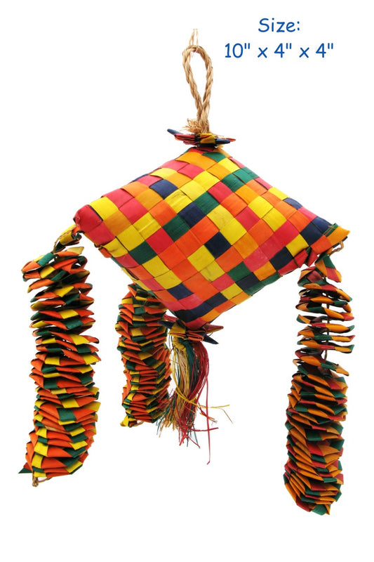Vibrant Triangle Bouncer Md. toy for birds, featuring colorful wooden blocks, ropes, and bells in a unique triangular design.