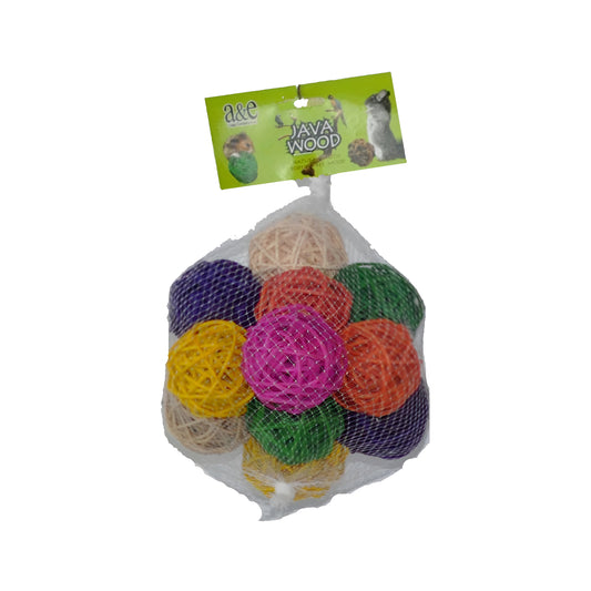 Vibrant multi-colored 2.5-inch wicker balls in a net bag, perfect as bird foot toys for foraging and play.