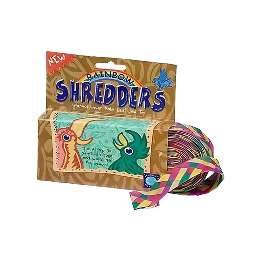 Colorful woven palm leaf roll in a vibrant rainbow design, ideal as a shreddable bird toy for endless cage fun.