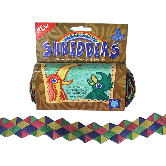 Colorful woven palm leaf roll in a vibrant zigzag rainbow pattern, ideal as a shreddable bird toy for endless cage fun.