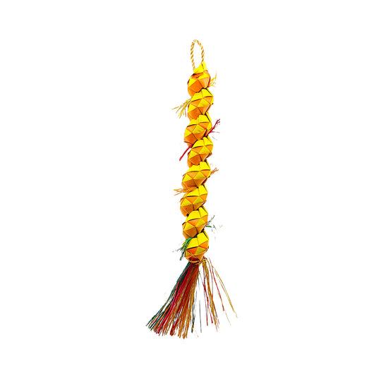 Vibrant Sm Caterpillar-Planet Pleasures toy, crafted from palm leaf, designed for small birds with an 8-inch colorful, shreddable body.